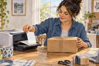 Painted illustration of a person lifting a blank label from a home printer beside a parcel.