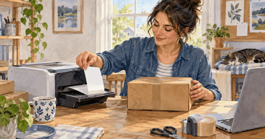 Painted illustration of a person lifting a blank label from a home printer beside a parcel.