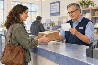 Conceptual painting of a customer bringing a return parcel to a postal counter.