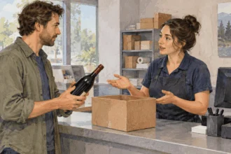 Conceptual watercolor painting of customer asks about shipping a bottle.