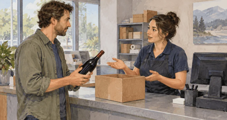 Conceptual watercolor painting of customer asks about shipping a bottle.