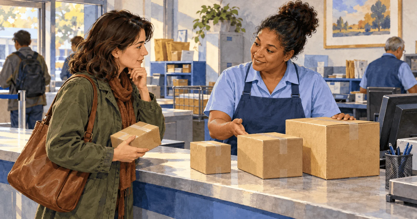 Conceptual watercolor of a customer comparing package sizes with a postal clerk.