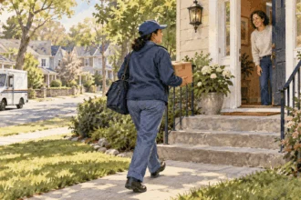 Conceptual painting of a postal carrier bringing a parcel to a residential doorstep.