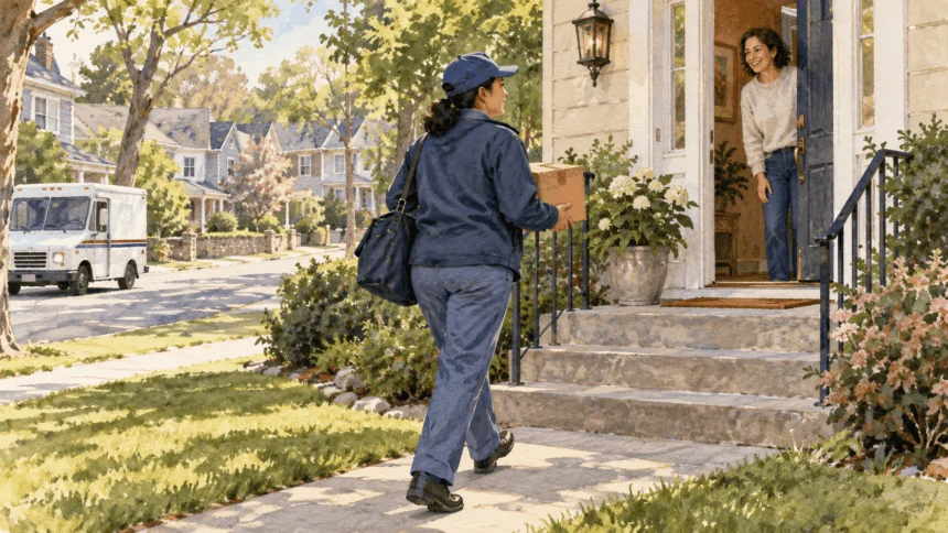 Conceptual painting of a postal carrier bringing a parcel to a residential doorstep.