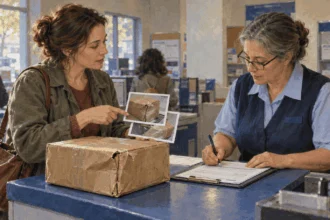 A customer asks a postal clerk about a damaged parcel and claim form.