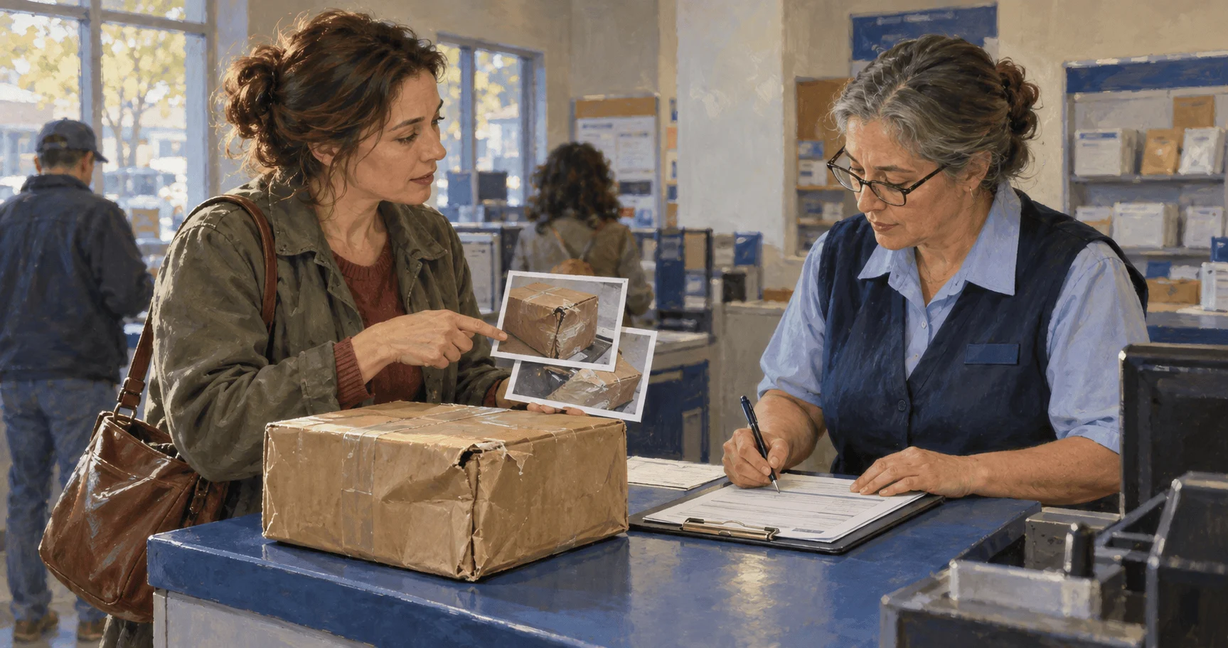 A customer asks a postal clerk about a damaged parcel and claim form.