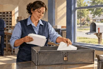 Conceptual watercolor painting of postal worker stores held mail in a secure tray.