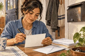 Painted illustration of a person organizing mail beside moving boxes at home.