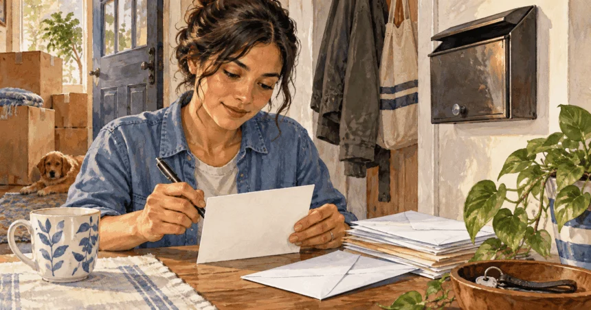Painted illustration of a person organizing mail beside moving boxes at home.