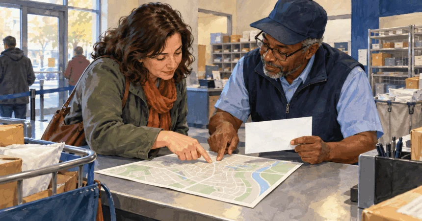 Conceptual painting of a postal clerk and customer locating an address on an unlabeled map.