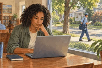 Painted illustration of a job seeker researching postal work while a carrier walks outside.