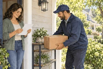 Conceptual watercolor painting of carrier collects unmarked parcel at doorstep.