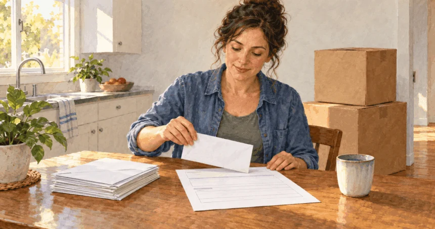 Conceptual painting of a person preparing mail forwarding during a move.