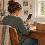 Painted illustration of a person checking package tracking beside a sealed parcel.