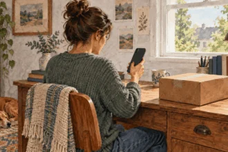 Painted illustration of a person checking package tracking beside a sealed parcel.
