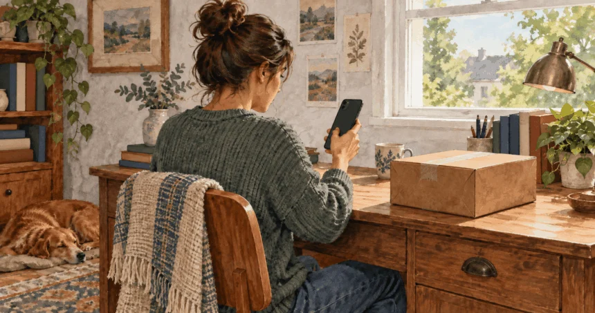Painted illustration of a person checking package tracking beside a sealed parcel.
