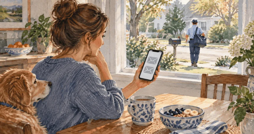 Conceptual painting of a resident previewing incoming mail on a phone.