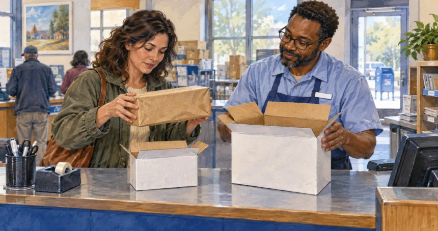 A customer compares a parcel with two different-size boxes at a postal counter.