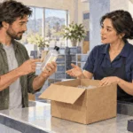 Conceptual watercolor painting of customer asks clerk about mailing sealed liquid.