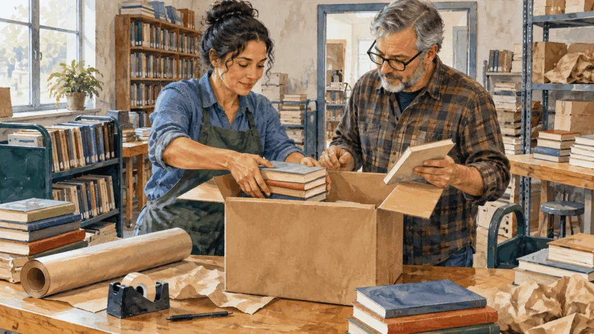 Painted illustration of library workers checking books while packing a shipment.