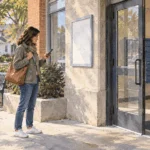 Conceptual painting of a resident checking local post-office hours before visiting.