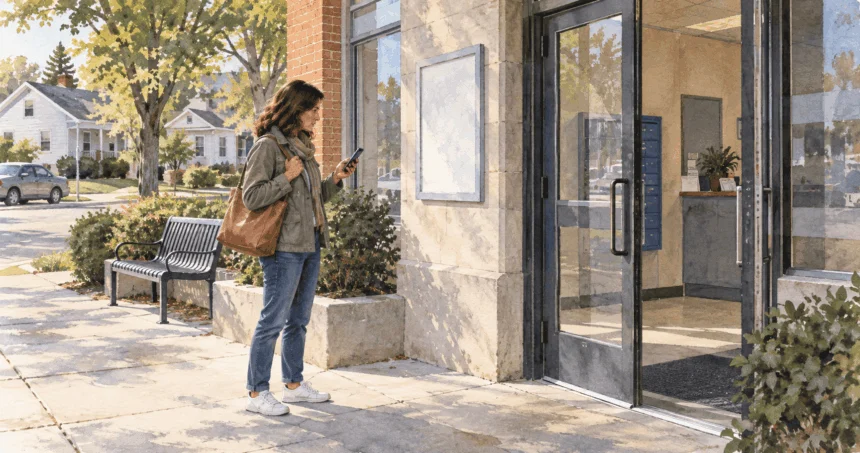 Conceptual painting of a resident checking local post-office hours before visiting.