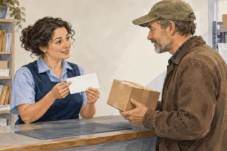 A postal clerk helps a customer compare mailing a letter and a parcel.