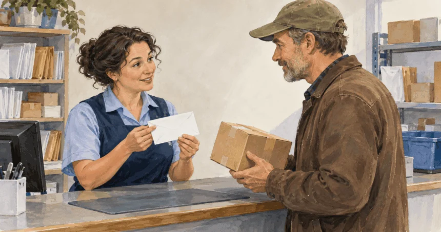 A postal clerk helps a customer compare mailing a letter and a parcel.