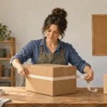 Painted illustration of a seller measuring the girth of a shipping box.