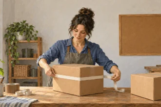 Painted illustration of a seller measuring the girth of a shipping box.