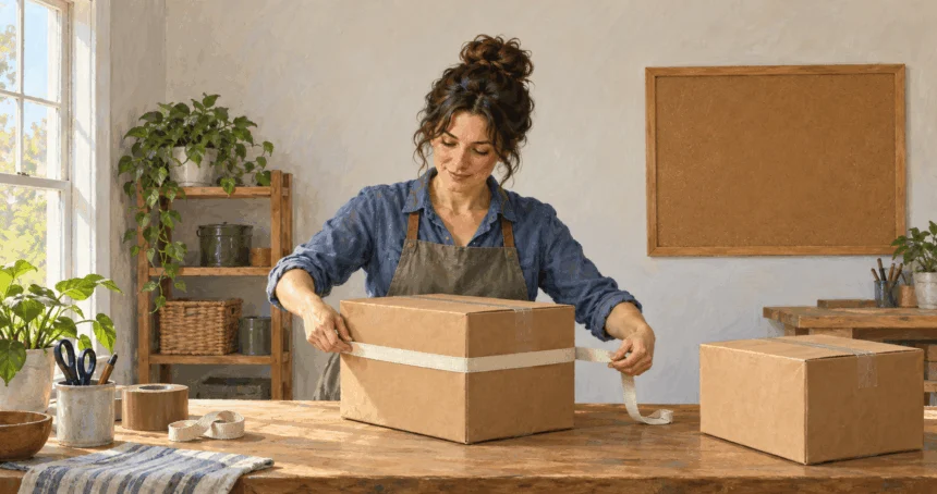 Painted illustration of a seller measuring the girth of a shipping box.