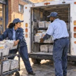Conceptual painting of postal workers loading sorted mail trays into a delivery vehicle.