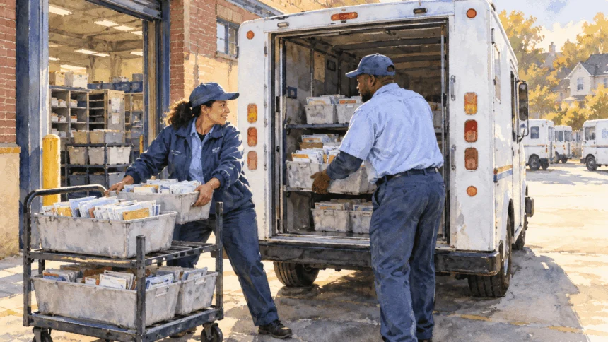 Conceptual painting of postal workers loading sorted mail trays into a delivery vehicle.