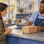 Conceptual painting of a customer comparing mail and package options with a postal clerk.