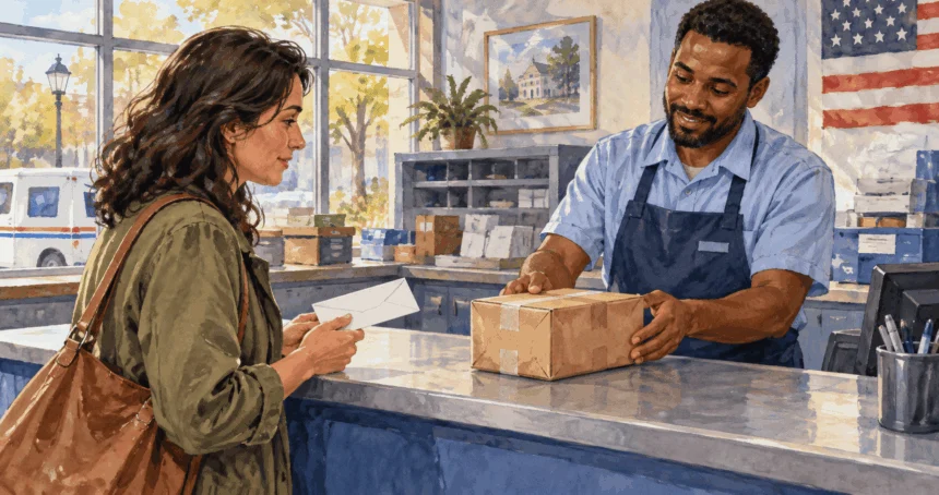 Conceptual painting of a customer comparing mail and package options with a postal clerk.