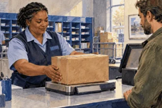 Conceptual painting of a postal worker weighing a parcel at the counter.