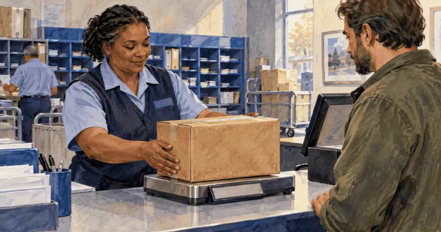 Conceptual painting of a postal worker weighing a parcel at the counter.