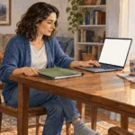 Conceptual watercolor of a taxpayer preparing to file online at home.