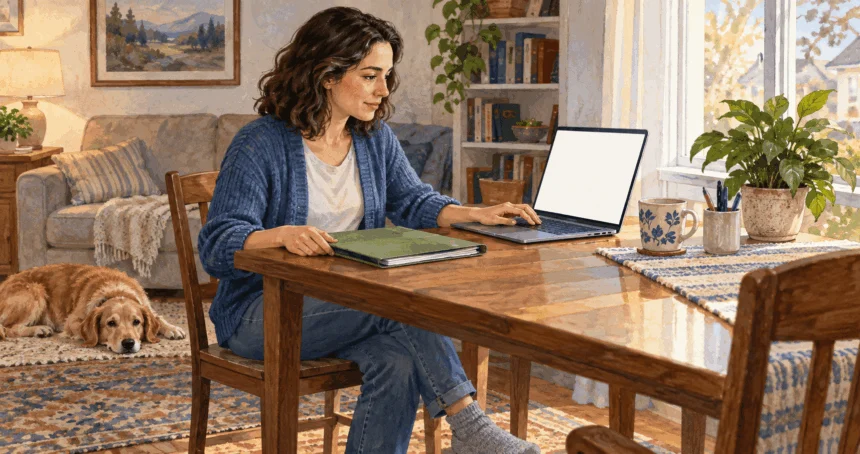 Conceptual watercolor of a taxpayer preparing to file online at home.
