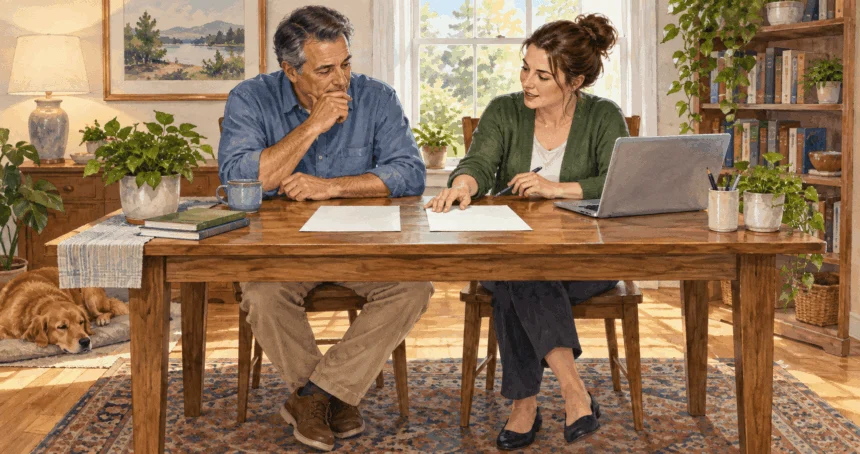 Conceptual watercolor of a taxpayer and preparer comparing blank deduction worksheets.