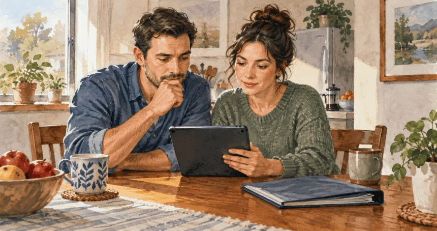 Conceptual watercolor painting of household checks a refund status on a tablet.