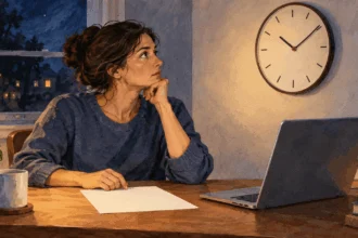 Conceptual watercolor of a taxpayer weighing a blank page and unnumbered clock at night.