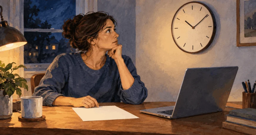 Conceptual watercolor of a taxpayer weighing a blank page and unnumbered clock at night.