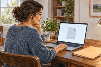 Conceptual painting of a taxpayer looking up a tax transcript on a laptop.