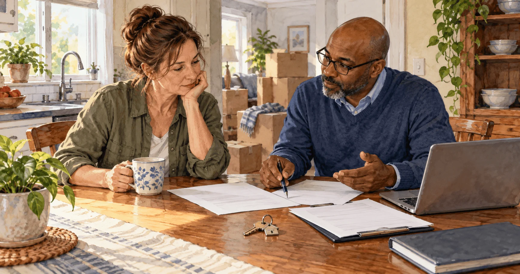Conceptual watercolor of a homeowner and tax preparer discussing house-sale documents.
