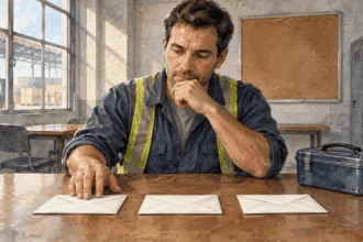 Conceptual watercolor of a warehouse worker considering blank savings envelopes in a break room.