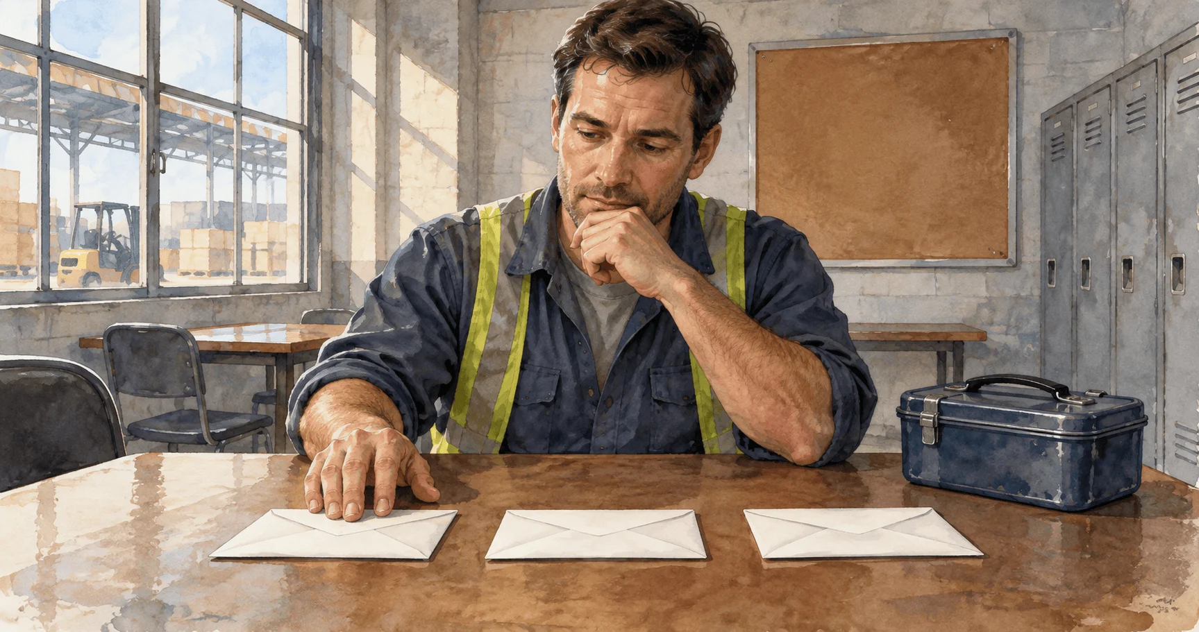 Conceptual watercolor of a warehouse worker considering blank savings envelopes in a break room.