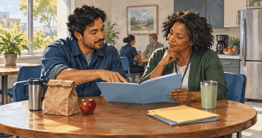 Conceptual painting of a worker discussing retirement savings options.
