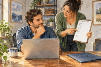 Conceptual watercolor of a small-business owner and colleague reviewing blank application materials.