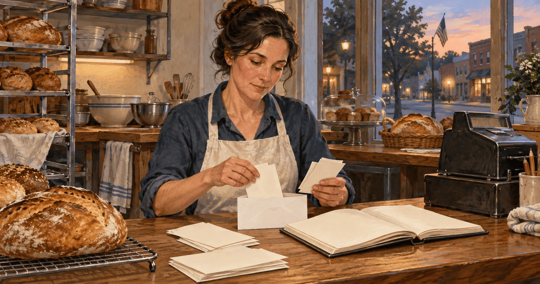 Conceptual painting of a small bakery owner organizing business expense records.